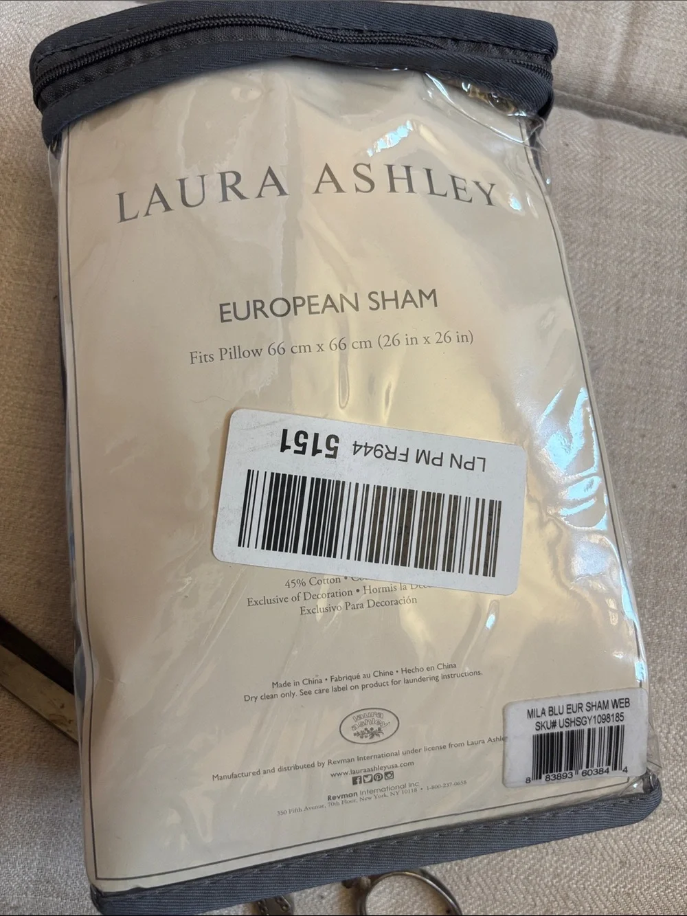 NWT Laura Ashley Mila Blue Euro Sham 26x26 Faux Linen Ramie Cotton Pillow Cover